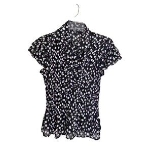 East 5th Womens Petite PM Black White Polka Dot Button Blouse Short Sleeve Top